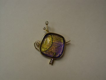 Dichroic Glass Brooch/Pendant with Channel and Bezel Set Diamonds in Yellow Gold