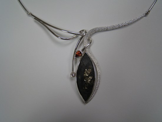 Pyrite and White Gold with a Bezel Set Garnet and Diamond Pendant Image