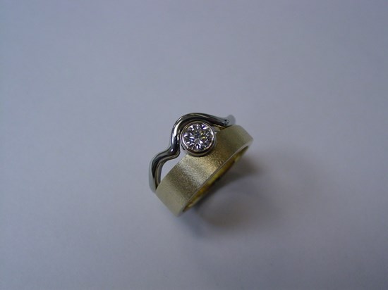 Bezel Set Diamond in Brushed Yellow and White Gold Ring Image